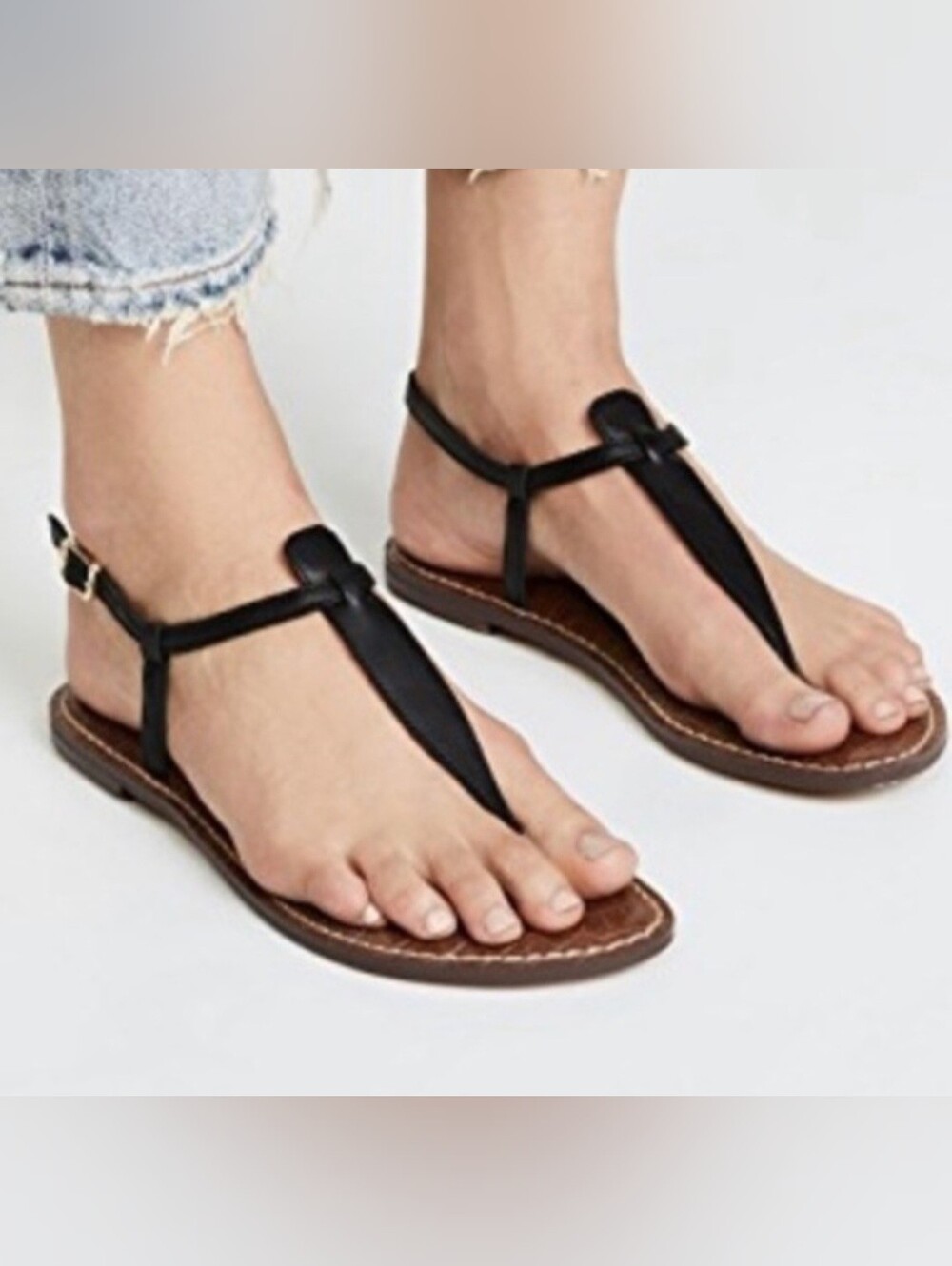 SAM EDELMAN, Black Leather T-Strap Flat Sandals